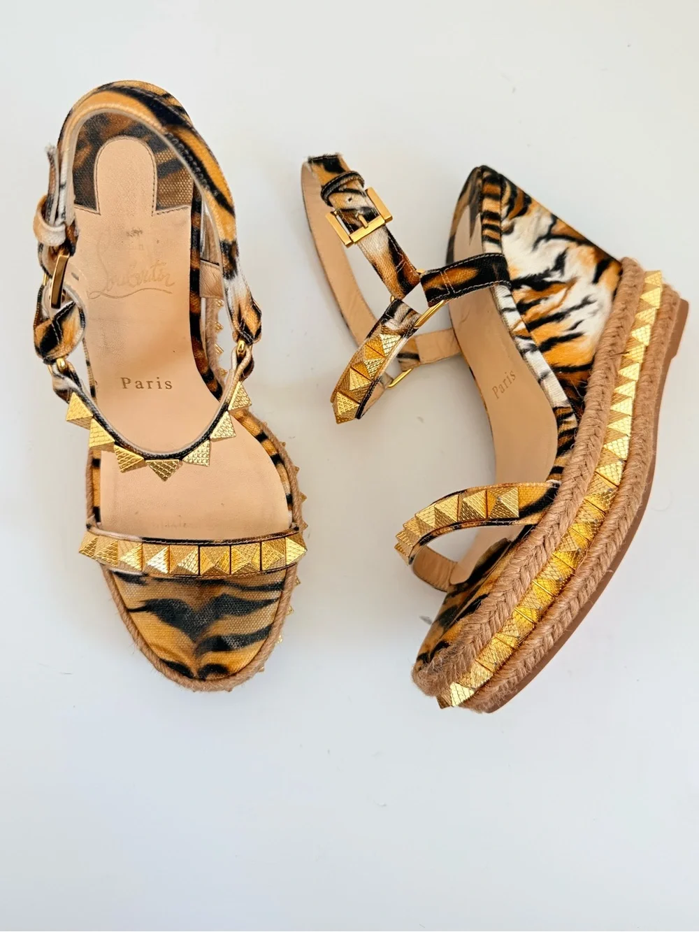 Christian Louboutin Pyraclou 110 Tivoli Gold Stud Espadrille Wedge Sandals 38